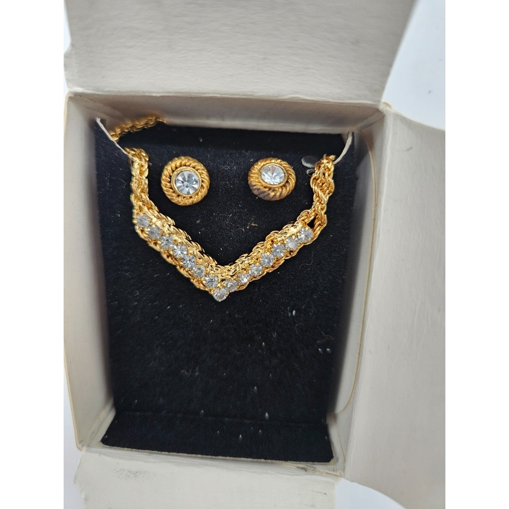 Vintage AVON Gold Tone Crystal Chevron Necklace Stud Earring Set Double Rope